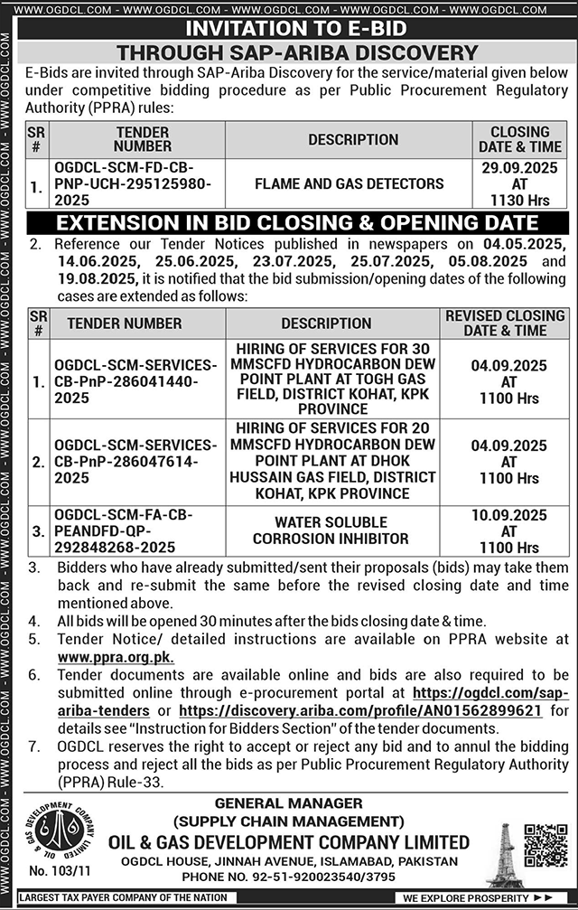 Oil & Gas Development Company Limited Islamabad Tender Notice